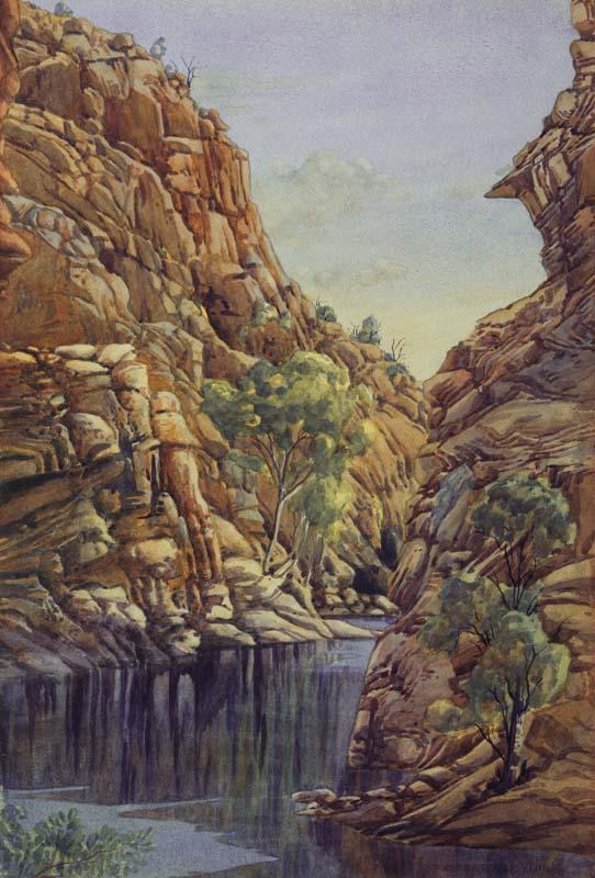 Artwork (The Finke River Gorge at entrance to Glen Helen) this artwork made of Watercolour and gouache over pencil on thick wove paper, created in 1945-01-01