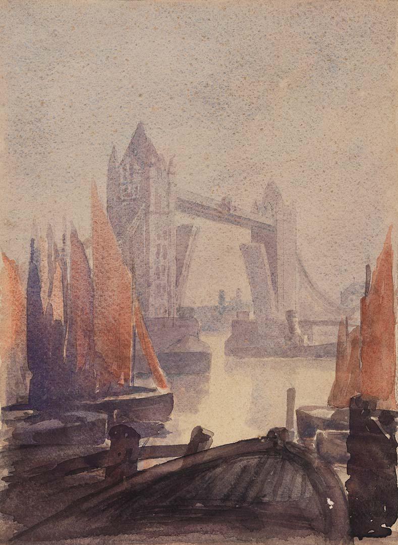 Artwork (Tower Bridge, London) this artwork made of Watercolour on thick, rough, wove paper, created in 1945-01-01