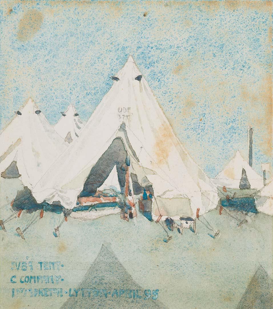 Artwork Sub's Tent C Company 1st Moreton Regiment, Lytton this artwork made of Watercolour on cardboard, created in 1895-01-01