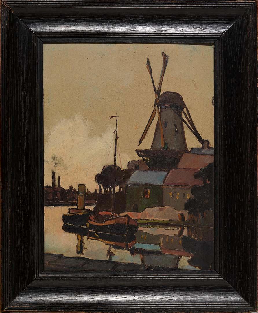 An oil painting depicting a Dutch canal scene, with a windmill and boats, in the evening or early morning; its frame is wide in profile and black in colour.