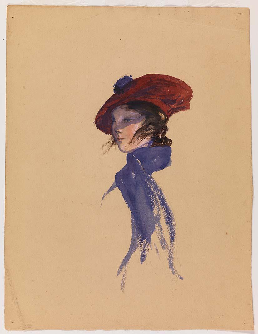 Artwork (Head of a girl, possibly the artist's sister, with a scarf and tam-o-shanter) this artwork made of Watercolour and gouache over pencil on thick buff wove paper, created in 1915-01-01