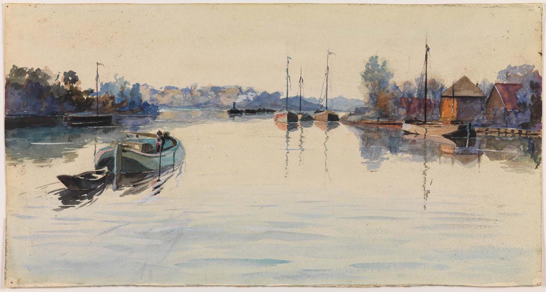 Artwork Barges near The Hague this artwork made of Watercolour and opaque white over crayon on thick rough wove paper, created in 1918-01-01