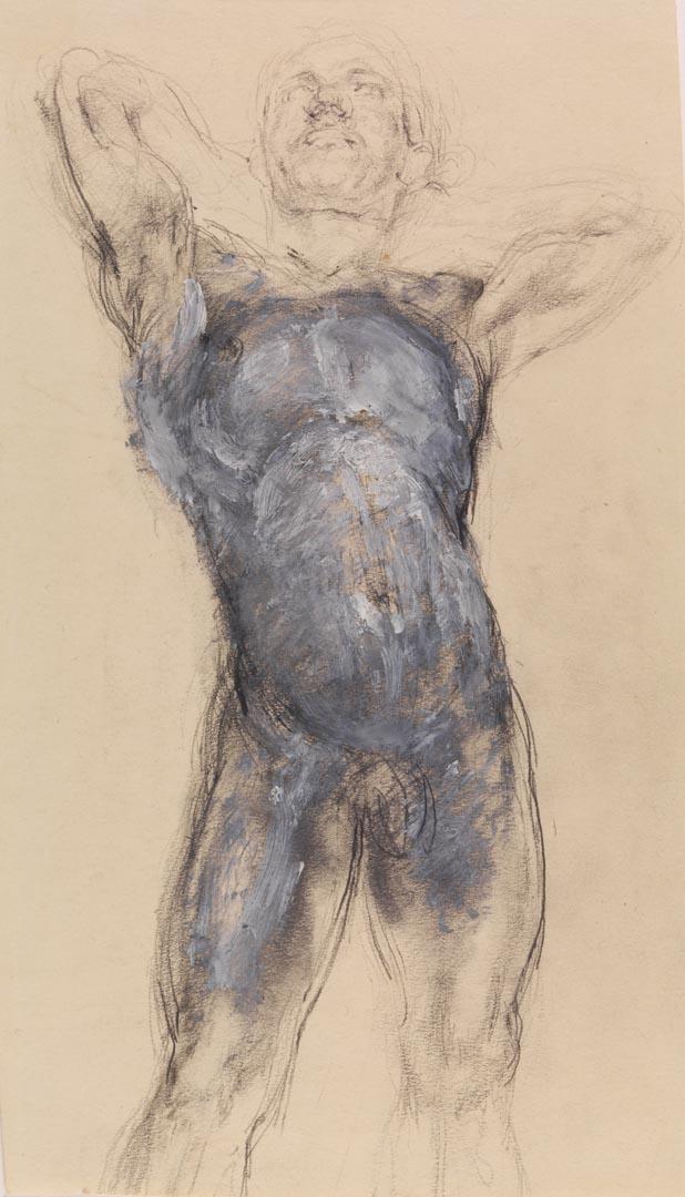 Artwork Untitled (sketch of a standing nude male figure, with hands clasped behind head) this artwork made of Pencil, crayon and opaque white on thick cream wove paper, created in 1920-01-01