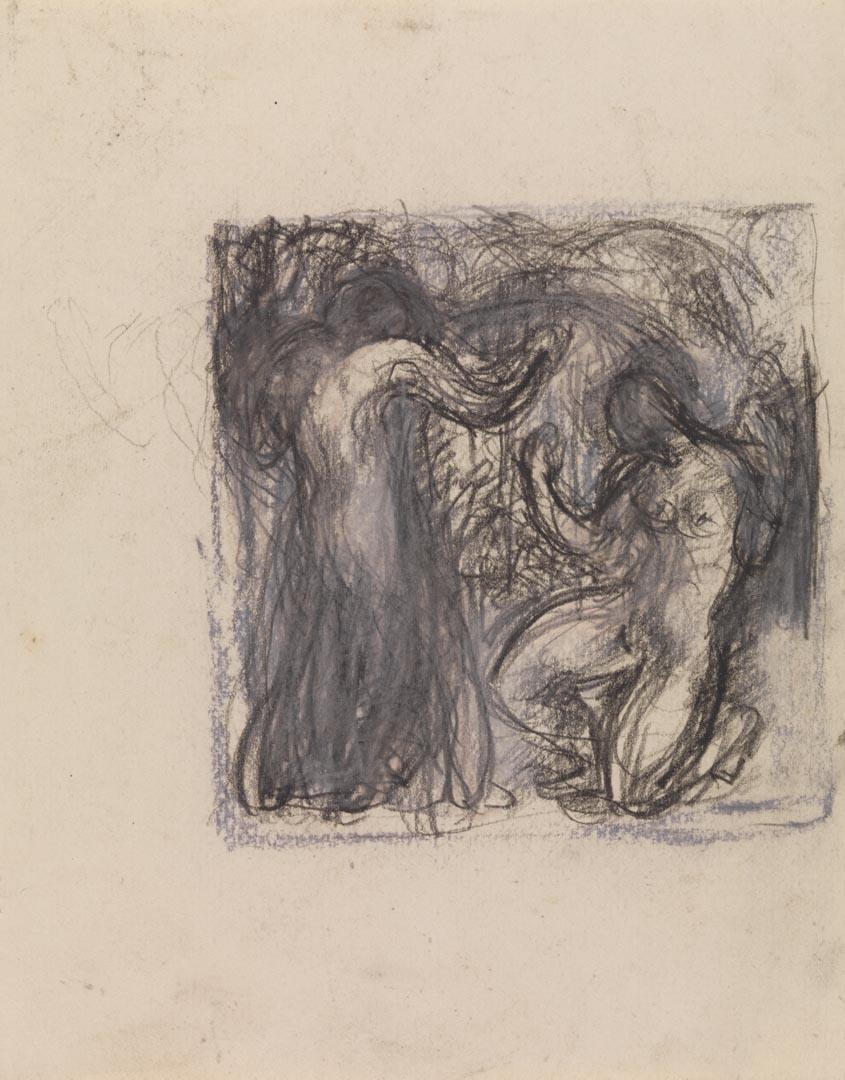 Artwork Untitled (sketch of two figures suggesting movement) this artwork made of Black, white and pink pastels on thick cream wove paper, created in 1920-01-01