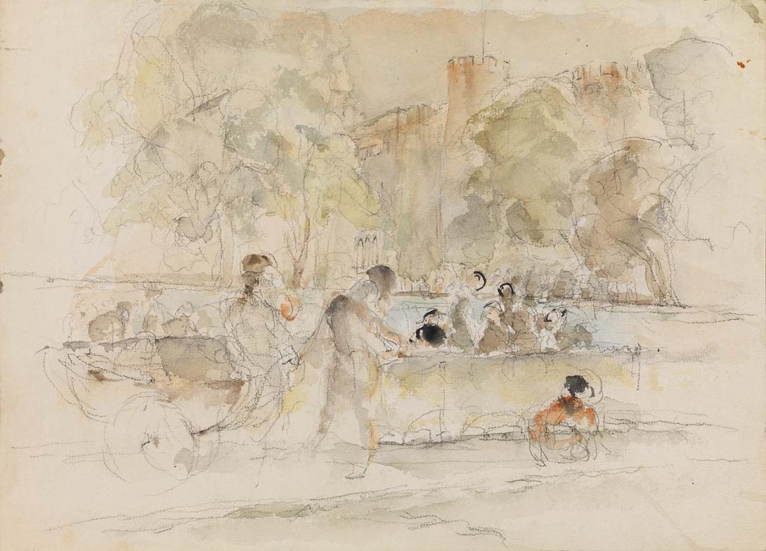 Artwork Untitled (figures in a park) this artwork made of Crayon and watercolour washes on thick rough cream wove paper, created in 1920-01-01