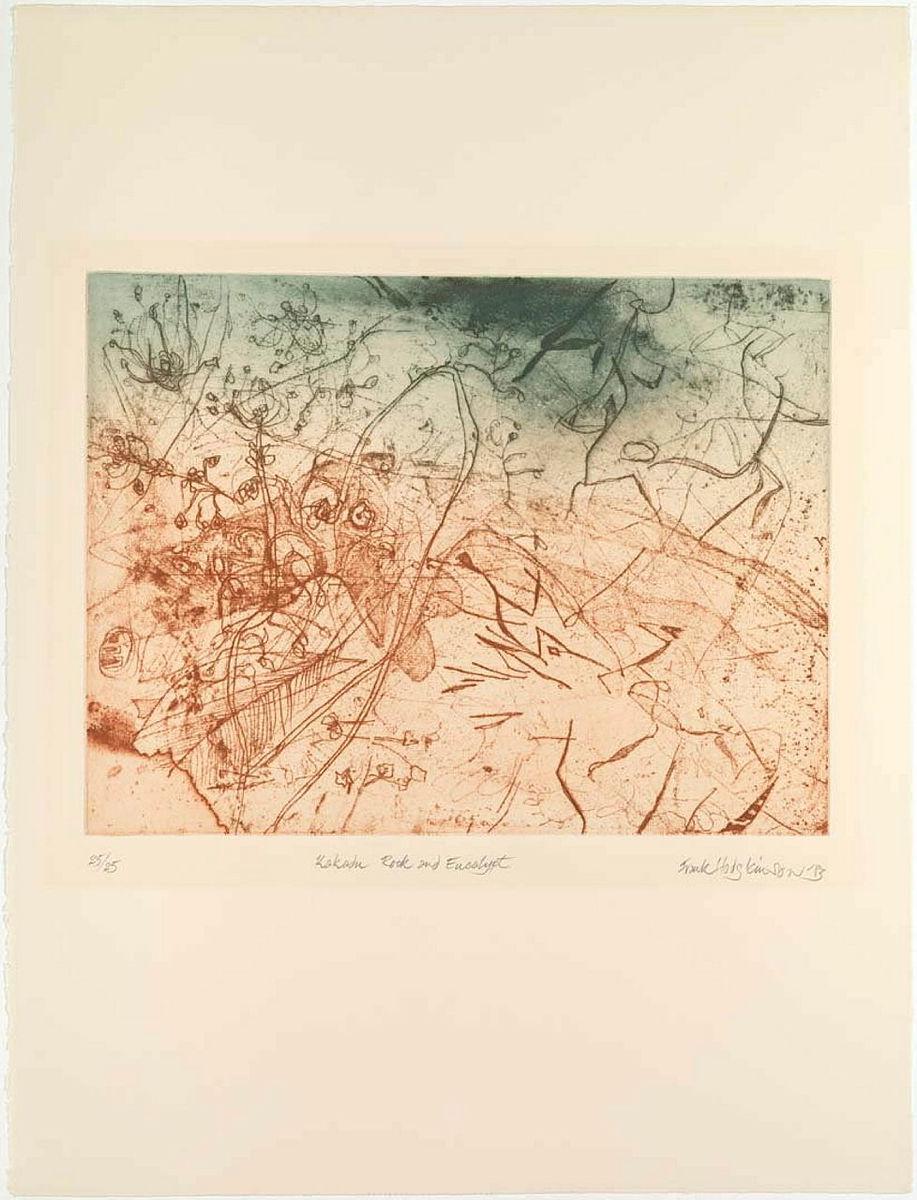 Artwork Kakadu rock and eucalypt this artwork made of Colour soft-ground and hard-ground etching, aquatint and burin on thick off-white wove paper, created in 1983-01-01