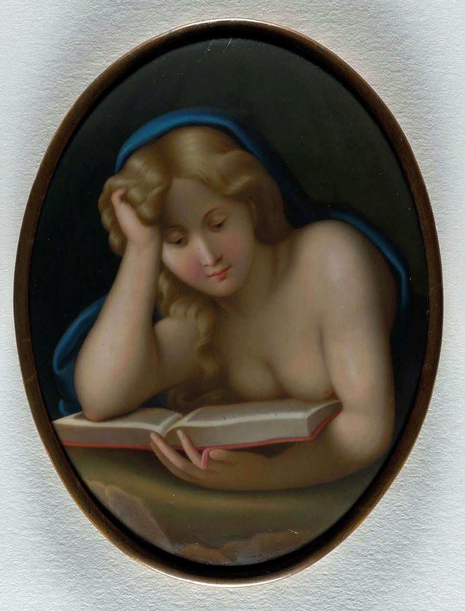 Artwork Plaque this artwork made of Hard-paste porcelain plaque finely painted in overglaze colours with the bust of a woman reading a book, created in 1870-01-01
