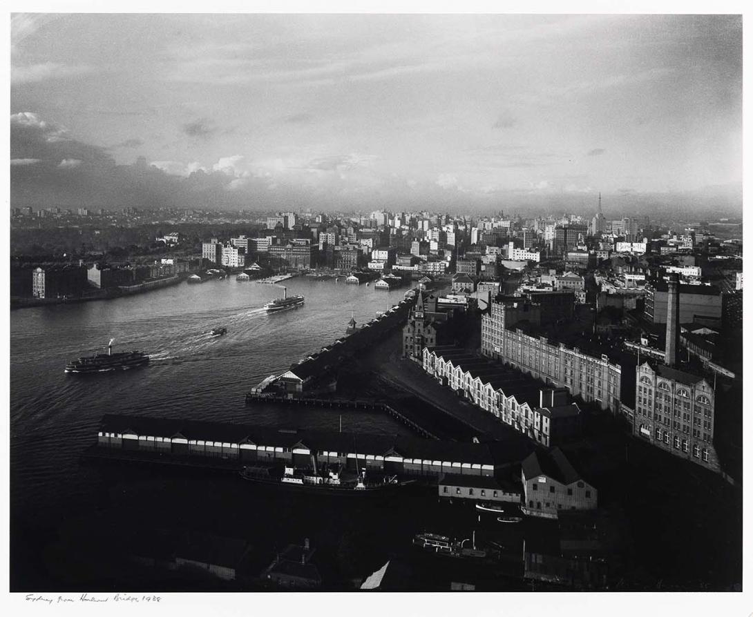 Artwork Sydney from the Harbour Bridge this artwork made of Gelatin silver photograph on paper, created in 1938-01-01