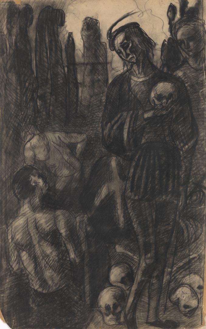 Artwork Hamlet et les fossoyeurs (Hamlet and the grave-diggers) this artwork made of Charcoal on thick off-white wove paper, created in 1892-01-01