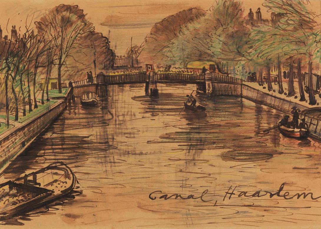 Artwork Canal, Haarlem this artwork made of Pen and brush and brown ink, coloured pencils on buff wove paper, created in 1939-01-01