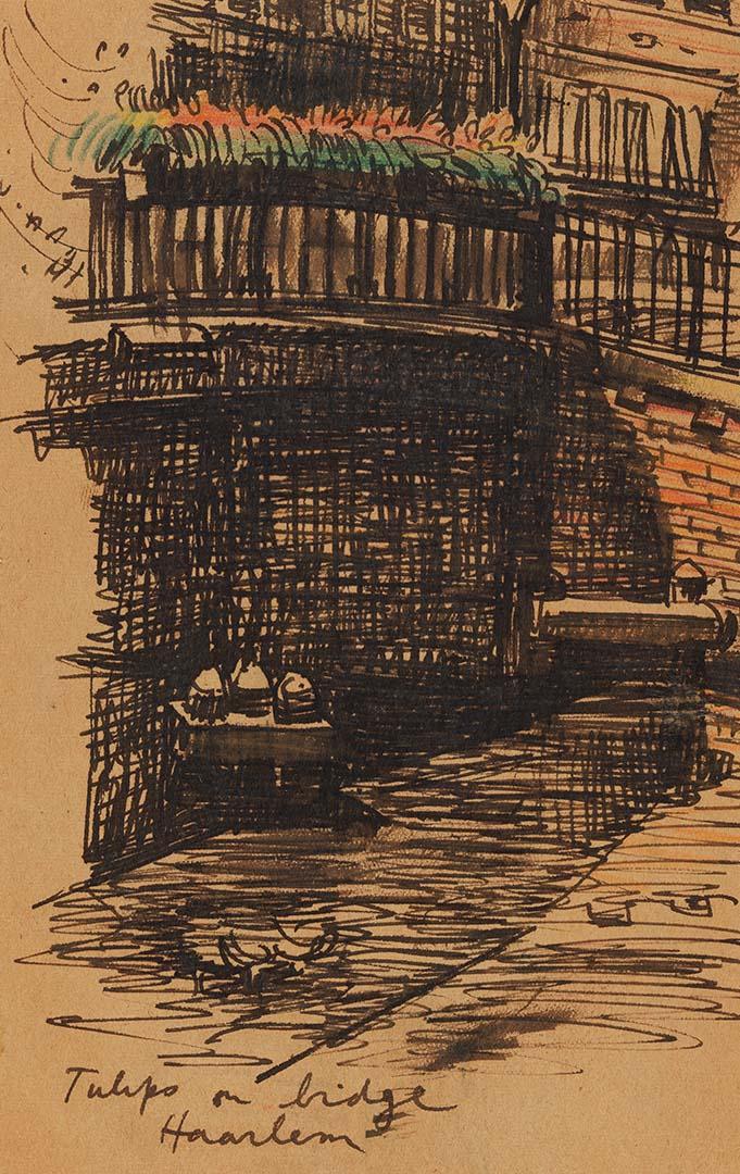 Artwork Tulips on bridge, Haarlem this artwork made of Pen and brush and brown ink, coloured pencils on buff wove paper, created in 1939-01-01