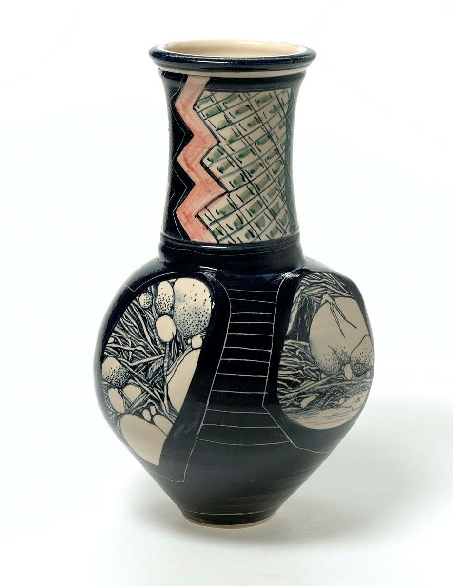 Artwork Altered vase (from 'Plight of the landscape' series) this artwork made of White stoneware clay thrown swelling body deformed and decorated with landscape details.  Additional green and pink brushwork on the neck with lines incised into the black glaze, created in 1984-01-01