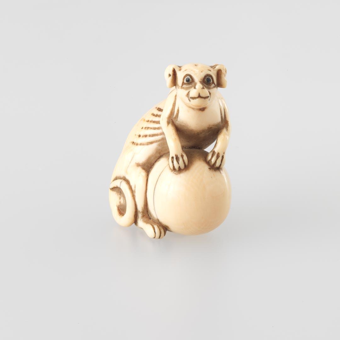 Artwork Netsuke:  (dog with ball) this artwork made of Carved ivory