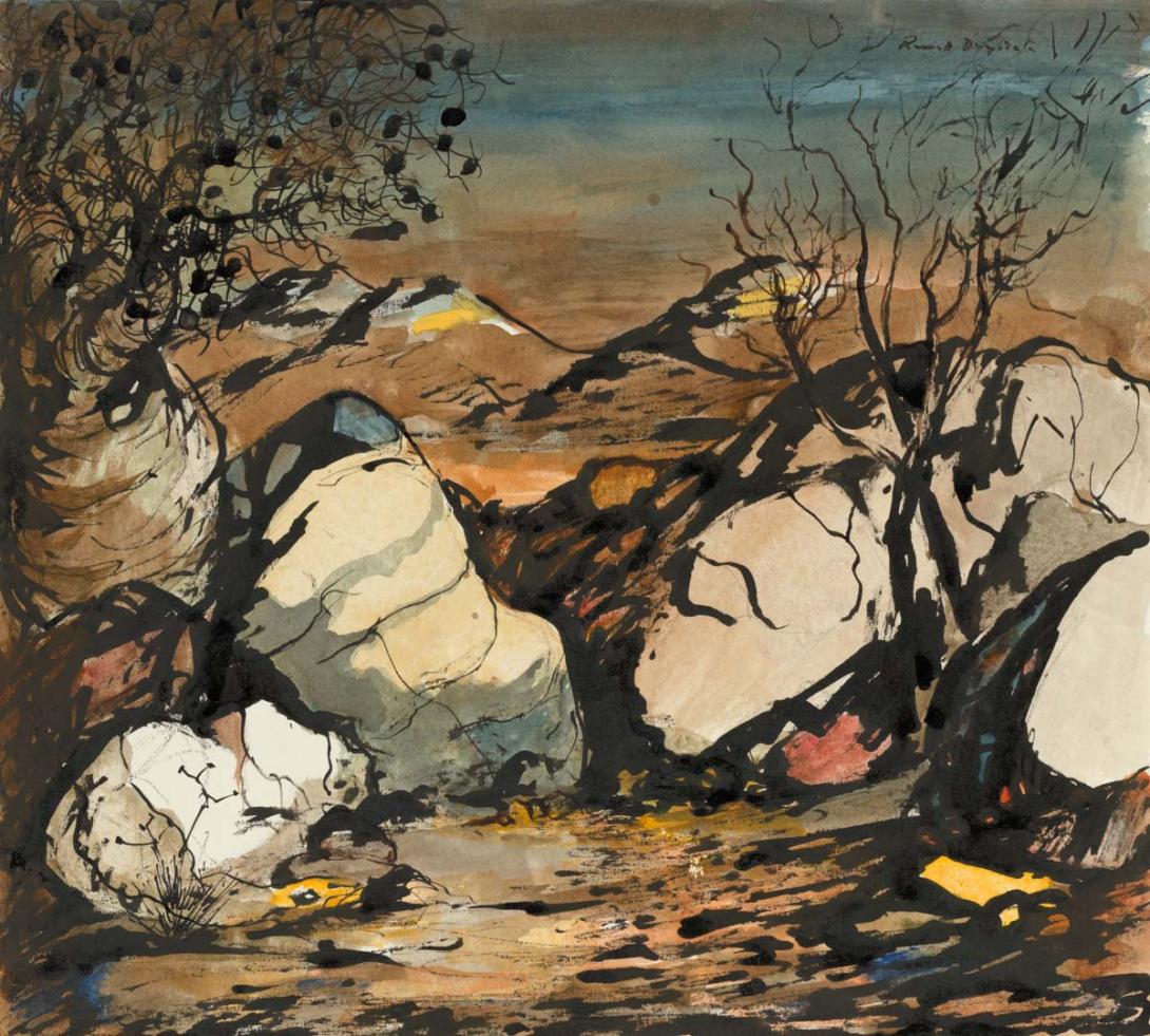 Artwork Kimberley landscape this artwork made of Pen, brush and ink and watercolour on wove paper, created in 1978-01-01