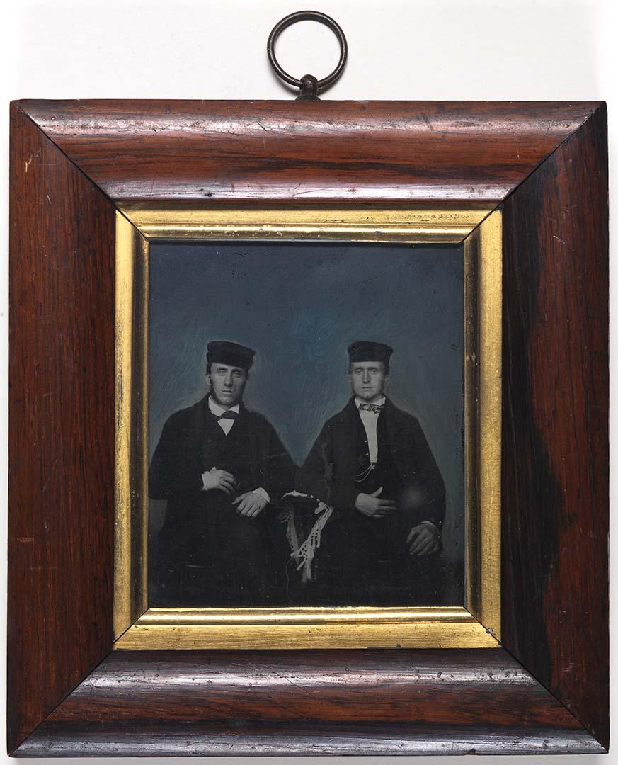 Artwork (Portrait of two gentlemen) this artwork made of Hand-coloured ambrotype on glass, created in 1851-01-01