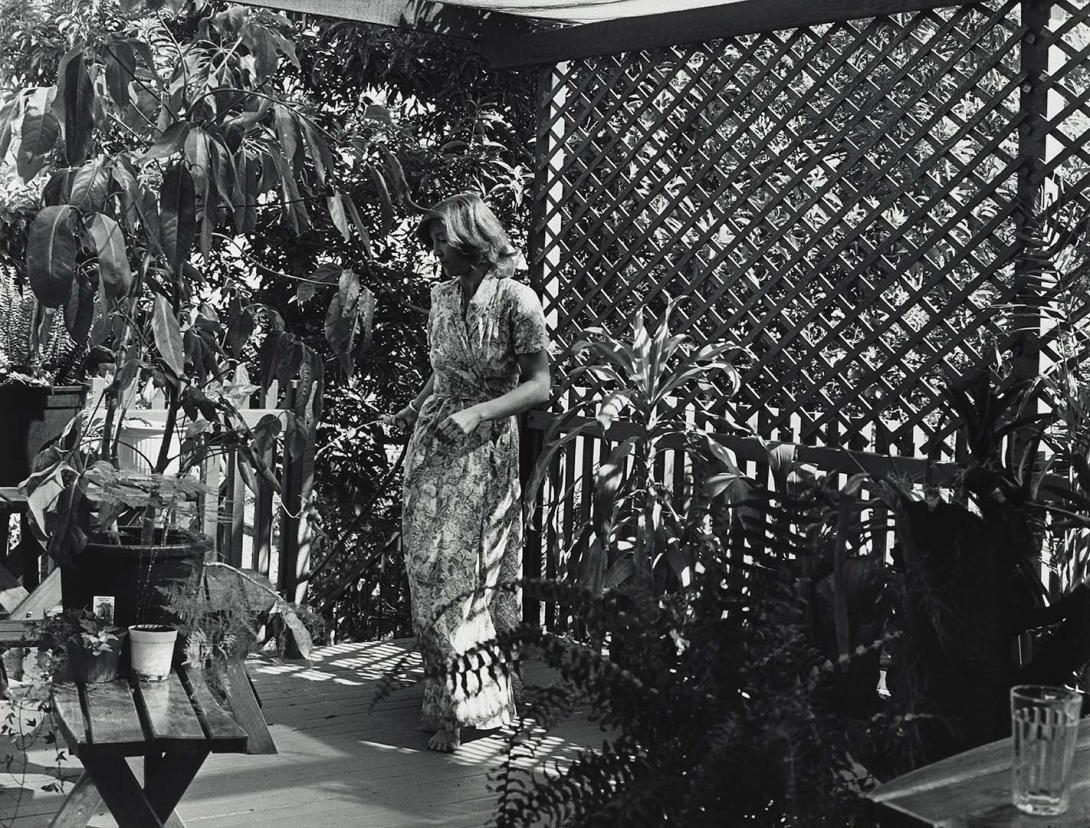 Artwork 13 March 1987, Gordon Park, Brisbane - Jenny watered the plants on her verandah in the morning (from 'Journeys north' portfolio) this artwork made of Gelatin silver photograph on paper, created in 1987-01-01