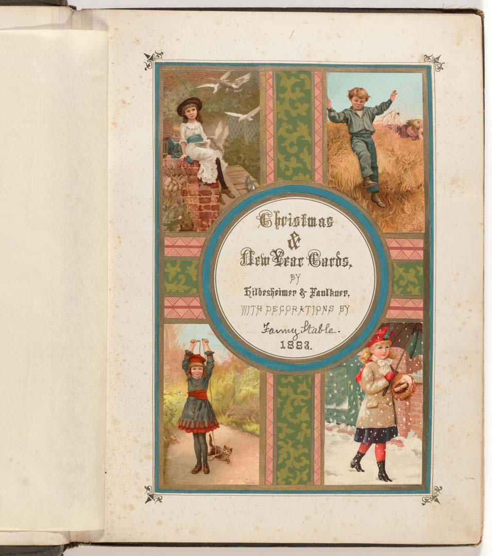 Artwork Album of sixty leaves this artwork made of Collage of commercially printed Christmas and New Year cards with watercolour, gouache and gilt decorations and embellishments, created in 1883-01-01