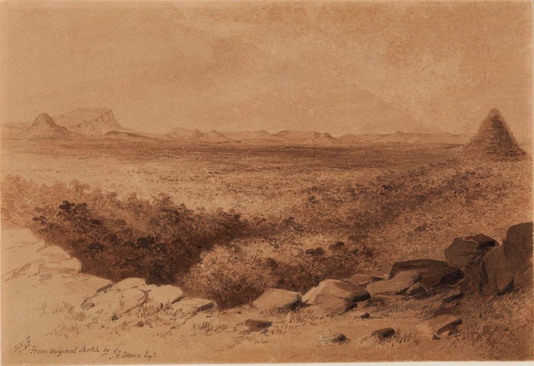 Artwork Mount Nicholson and Mount Aldis from Zania Creek, Queensland this artwork made of Pencil, brush and ink with gum arabic on paper, created in 1847-01-01