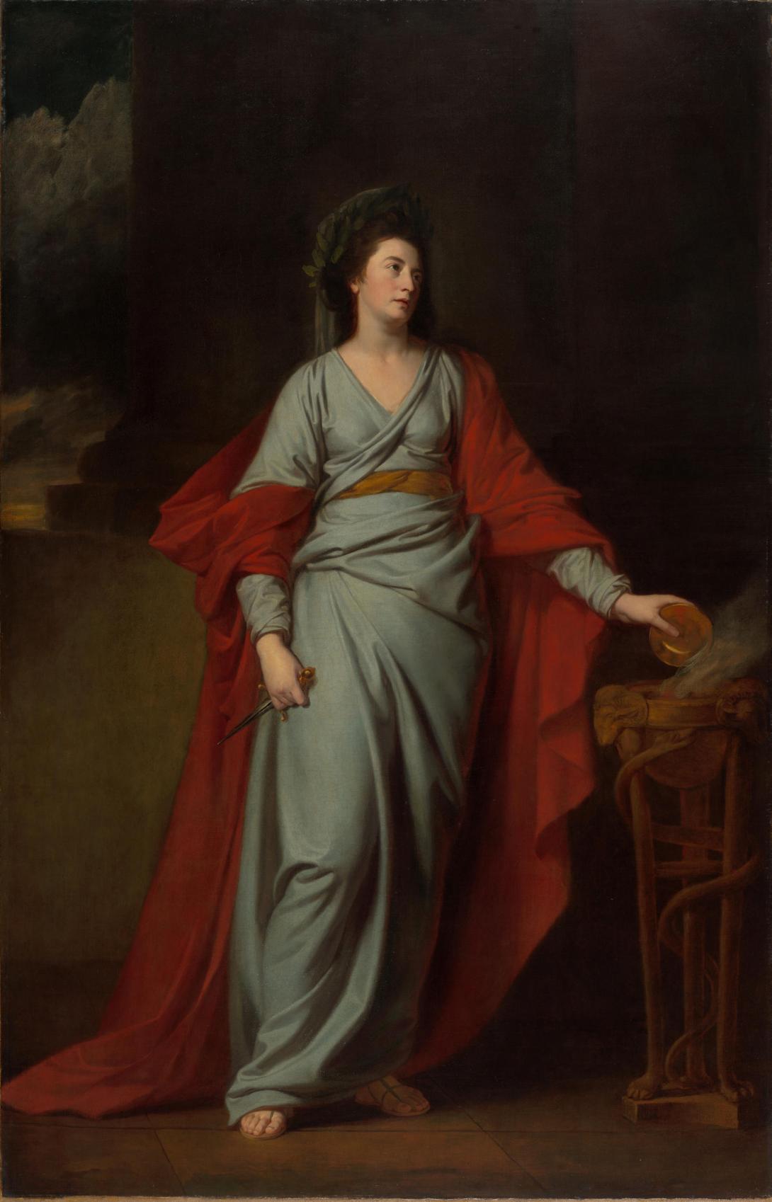 An oil painting of a woman in a blue dress and red robe.
