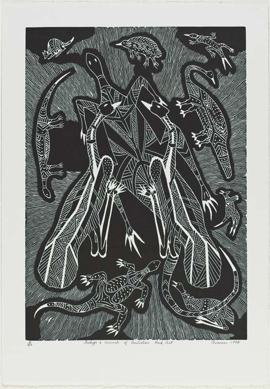 Artwork Turkeys and animals of Australian rock art this artwork made of Linocut on wove paper, created in 1988-01-01