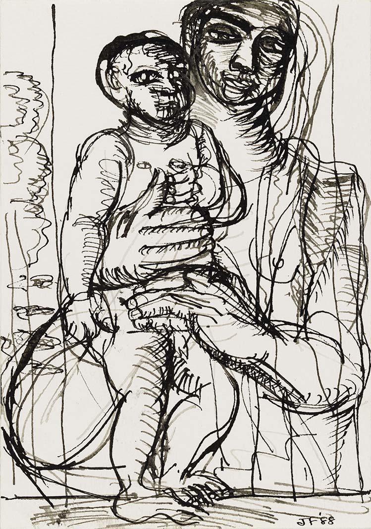 Artwork Untitled (mother and child) this artwork made of Pen and ink on paper, created in 1988-01-01