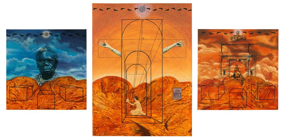 Artwork Triptych:  Requiem, Of Grandeur, Empire this artwork made of Oil and photograph on canvas, created in 1989-01-01