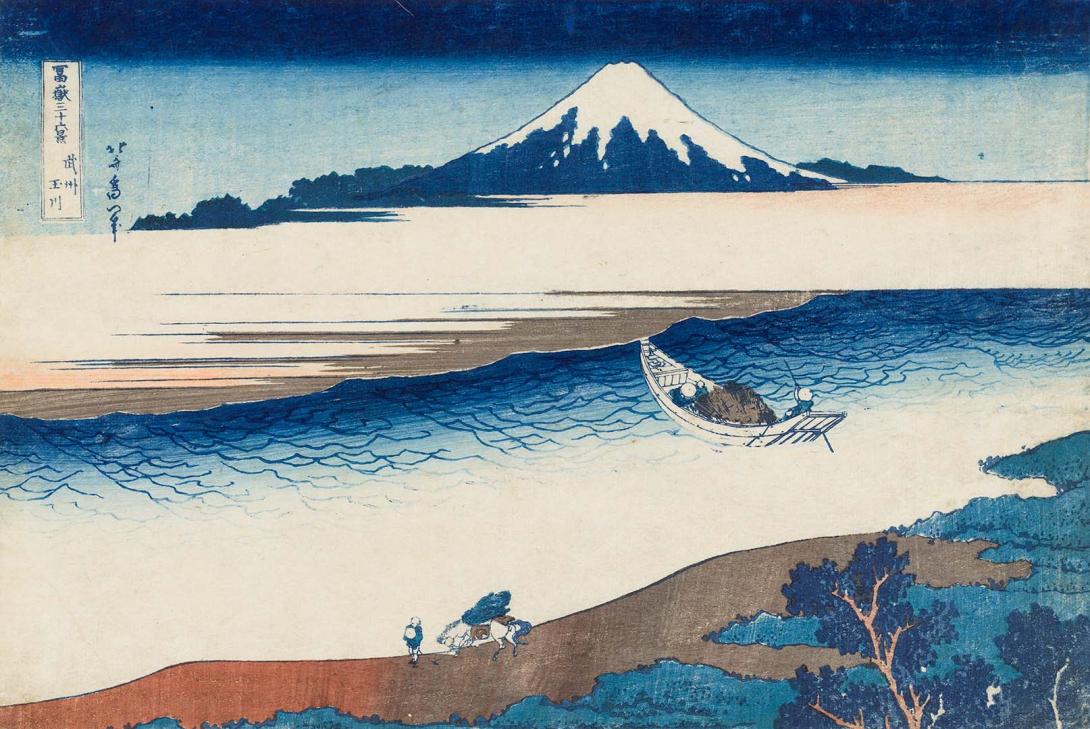 Artwork Bushu Tamagawa (Tama River in Musashi Province, Edo) (no. 8 from 'Fugaku Sanju- rokkei' (Thirty-six views of Mt. Fuji') series) this artwork made of Colour woodblock print on paper, created in 1824-01-01