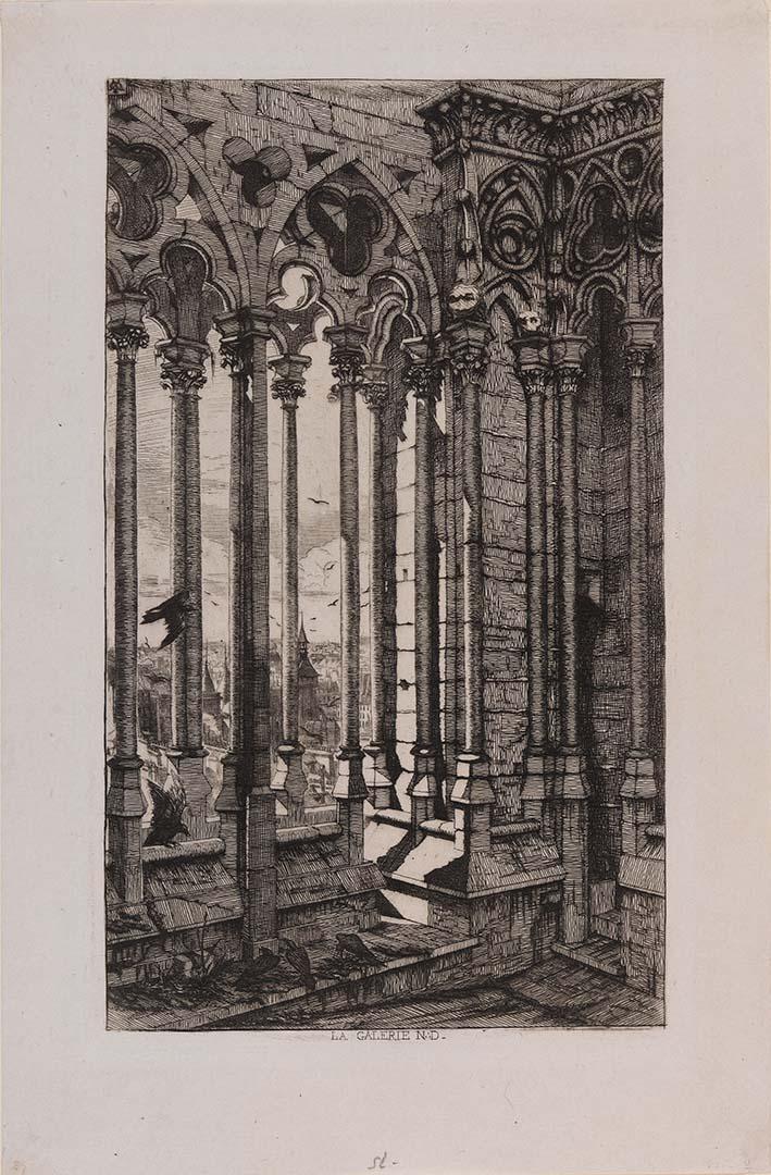 Artwork La galerie, Notre Dame (from 'Eaux-fortes sur Paris' series) (The gallery, Notre Dame (from 'Views of Paris' series)) this artwork made of Etching on thin Japanese paper, created in 1853-01-01