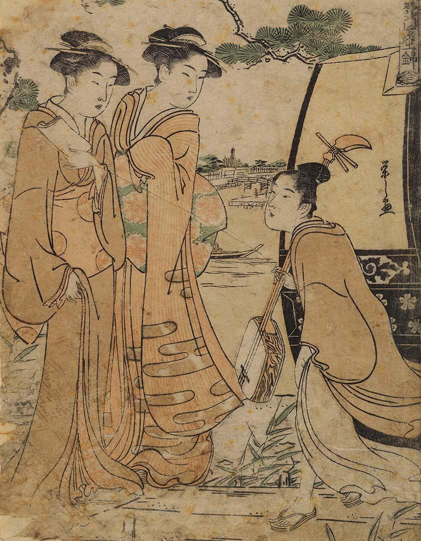 Artwork Three courtesans this artwork made of Colour woodblock print on paper, created in 1829-01-01