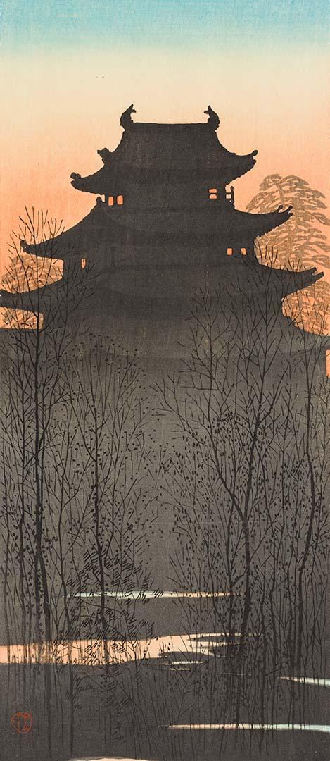 Artwork Pagoda at sunset this artwork made of Colour woodblock print
