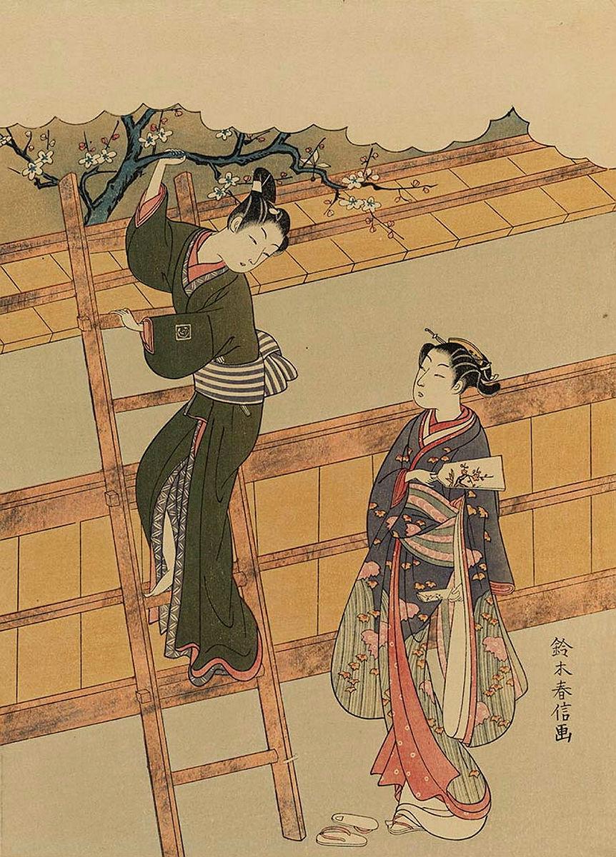 Artwork Two women, one climbing ladder (reprint) this artwork made of Colour woodblock print on paper, created in 1770-01-01