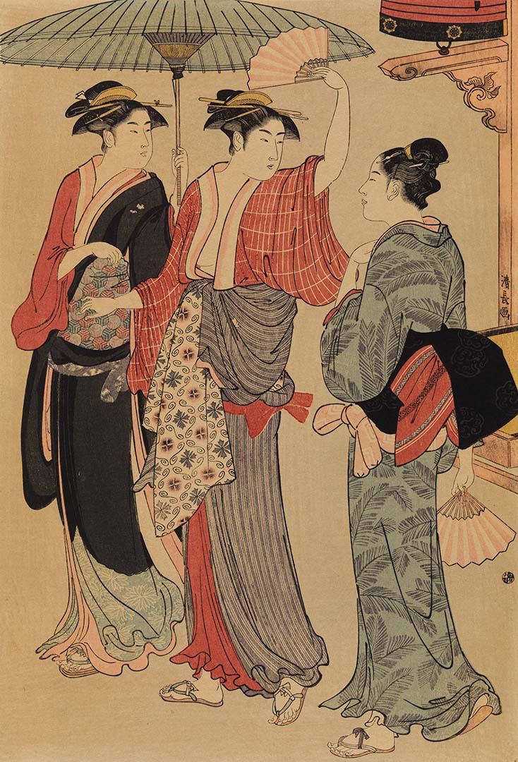 Artwork Three courtesans (reprint) this artwork made of Colour woodblock print on paper, created in 1815-01-01