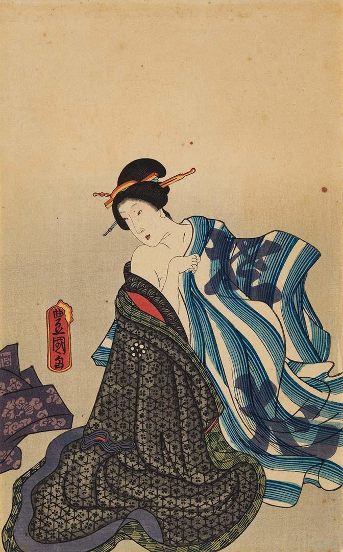 Artwork Courtesan disrobing (reprint) this artwork made of Colour woodblock print on paper, created in 1865-01-01