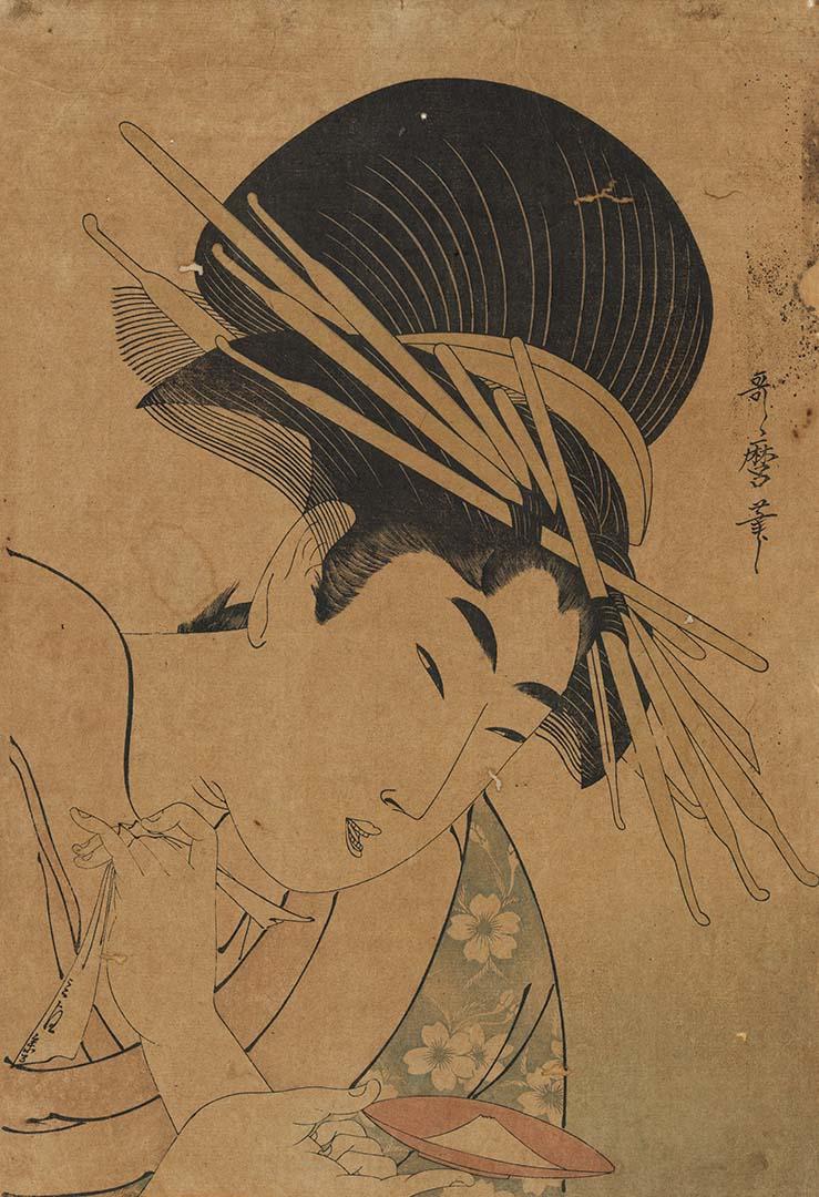 Artwork Head of courtesan (reprint) this artwork made of Colour woodblock print on paper, created in 1806-01-01
