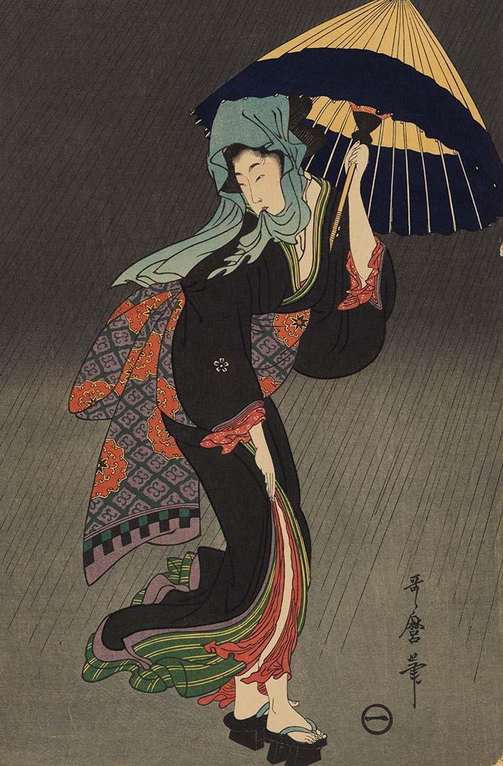 Artwork Figure with parasol (reprint) this artwork made of Colour woodblock print on paper, created in 1806-01-01