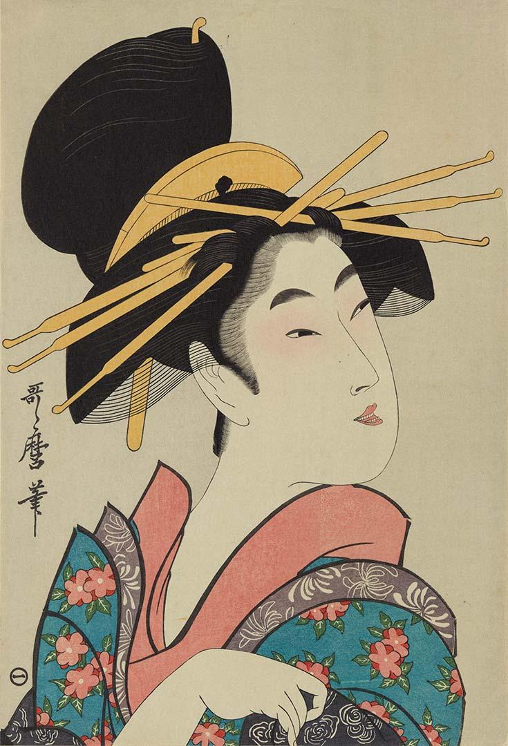Artwork Bust of courtesan (reprint) this artwork made of Colour woodblock print on paper, created in 1806-01-01