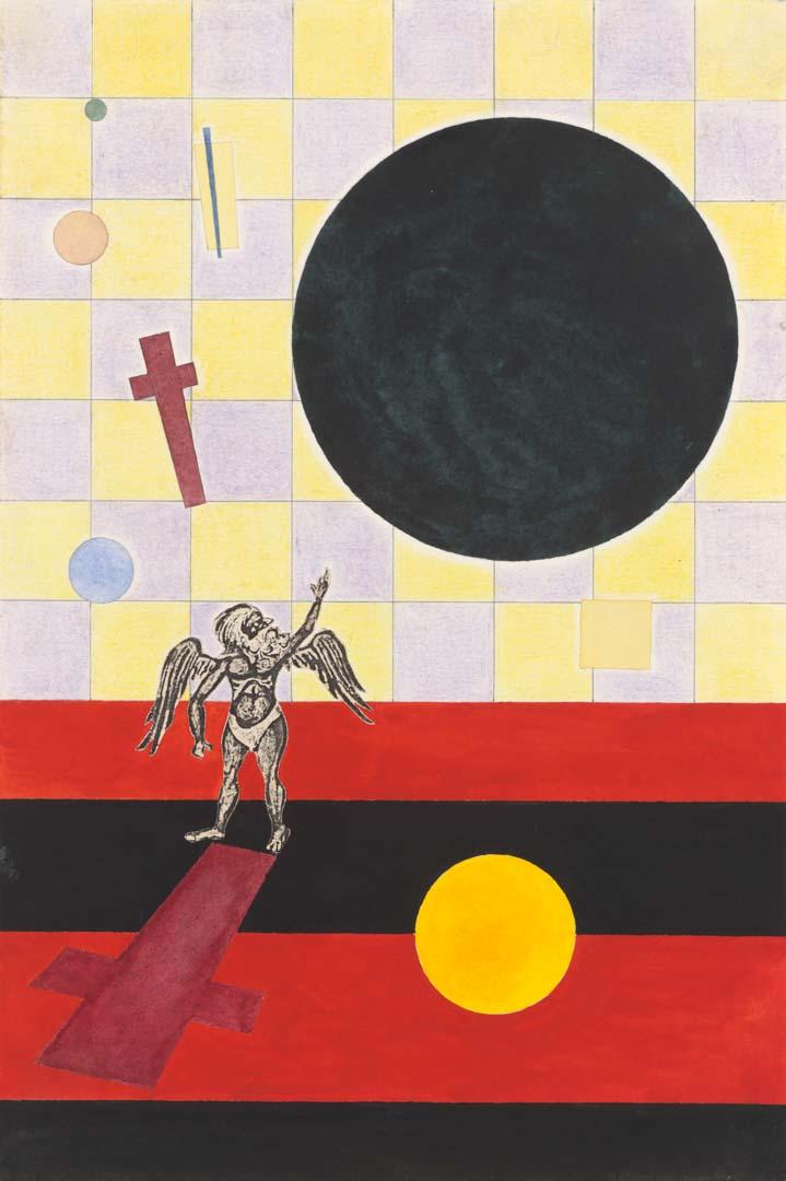 Artwork Eclipse (cast a cold shadow) Kandinsky's black relationship E version no.3 (from 'Works from the People's Republic of Spiritual Revolution' series) this artwork made of Watercolour with pencil and collage on paper, created in 1989-01-01