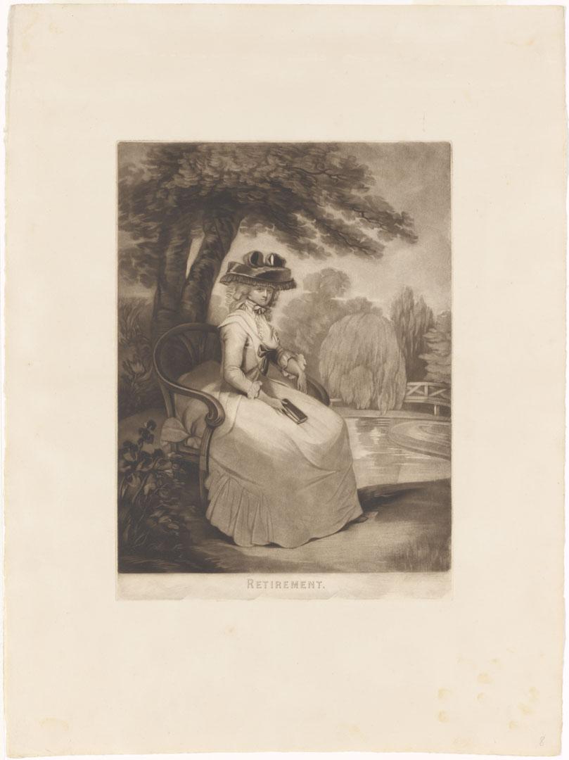 Artwork Retirement (Mrs Brudenell) this artwork made of Mezzotint on paper, created in 1786-01-01