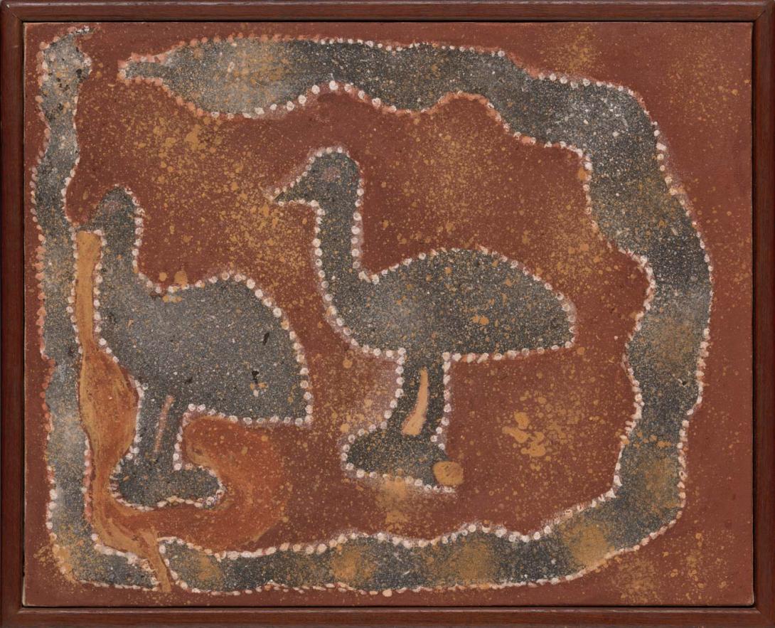 Artwork Ducks and pythons this artwork made of Natural pigments on canvas, created in 1989-01-01