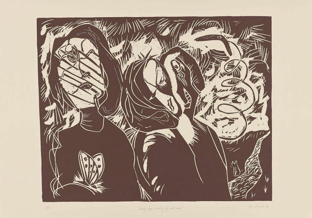 Artwork Windy doggie waiting by white water (from 'The readymade boomerang' portfolio) this artwork made of Woodcut on paper, created in 1990-01-01