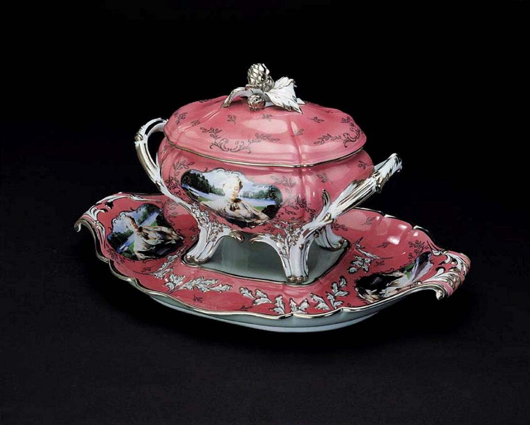 Artwork Madame de Pompadour née Poisson (1721-1764) this artwork made of Hard-paste porcelain modelled after a Sèvres original, with Rose Pompadour ground colour, silver details and transferred photograph.  Interior of tureen transfer printed, created in 1989-01-01