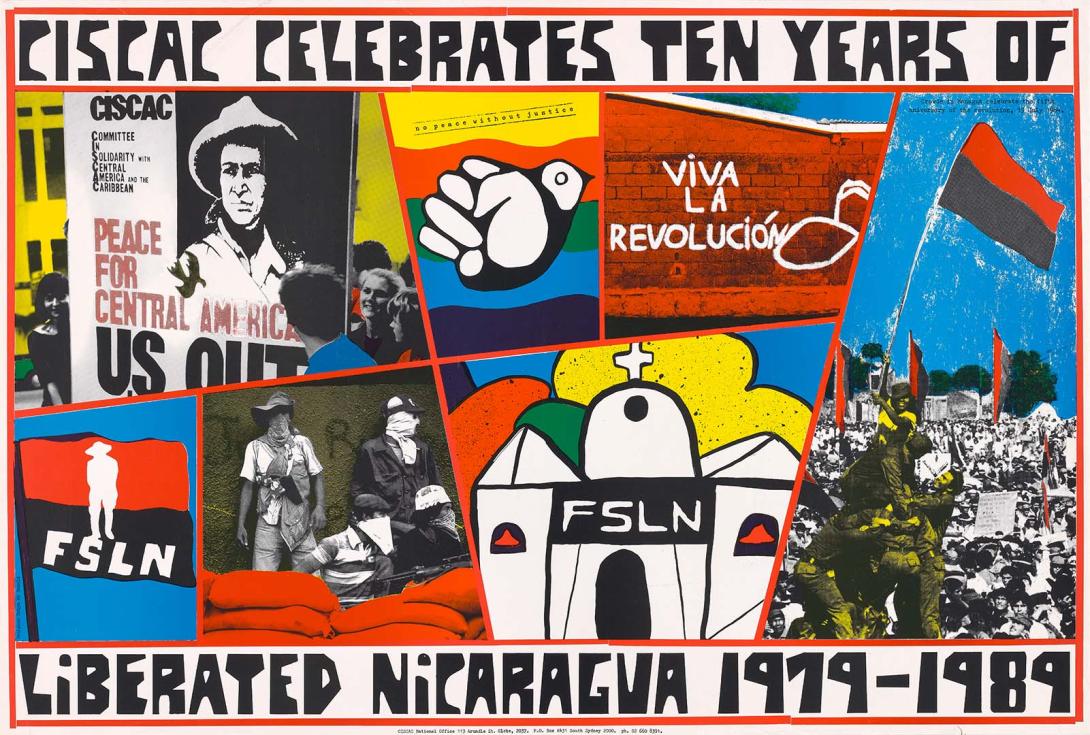 Artwork CISCAC celebrates ten years of liberated Nicaragua 1979-1989 this artwork made of Colour offset print on paper, created in 1989-01-01