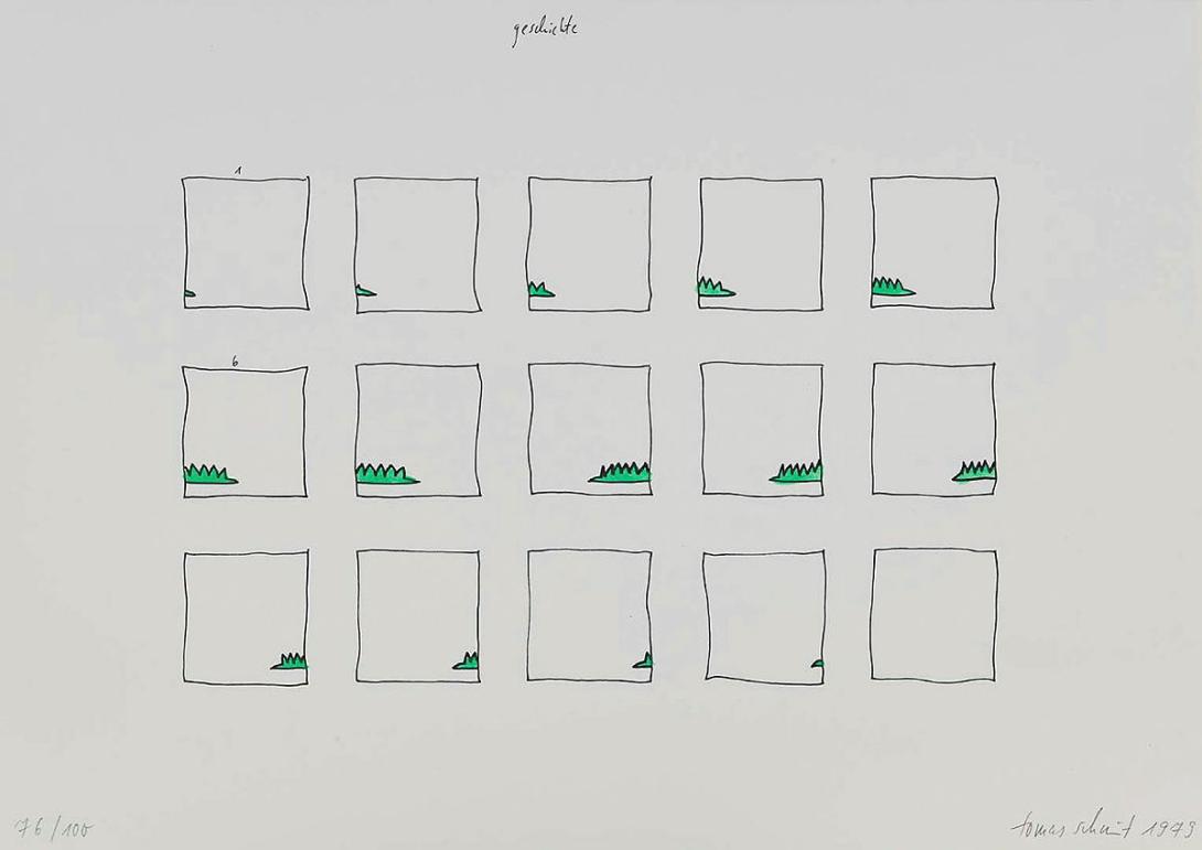 Artwork Geschichte (from 'Hommage à Arthur Köpcke' (Hommage to Arthur Kopcke) portfolio) this artwork made of Offset, hand-coloured on paper, created in 1979-01-01