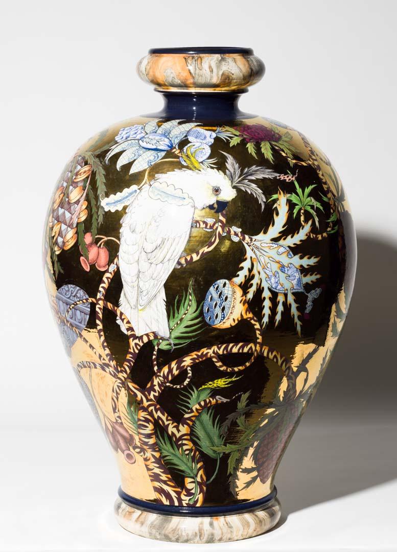 Artwork Vase:  Chintz this artwork made of Stoneware, wheelthrown baluster shape with polychrome underglaze colours and gold lustre, created in 1990-01-01