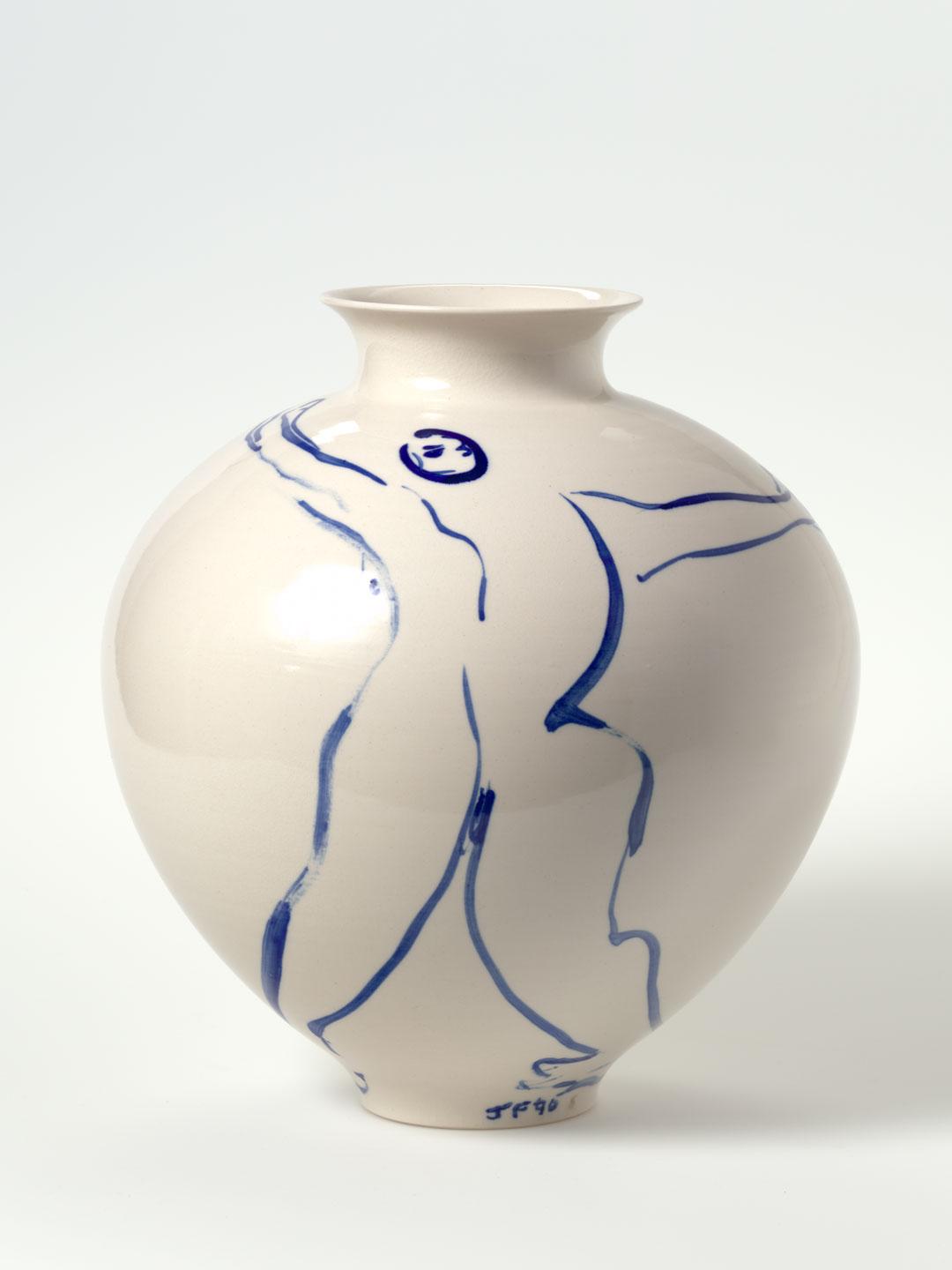 Artwork Figure this artwork made of Stoneware, white clay, wheelthrown with cobalt brushwork under clear glaze