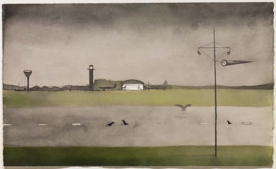 Artwork Birds on runway this artwork made of Ink wash on paper, created in 1991-01-01