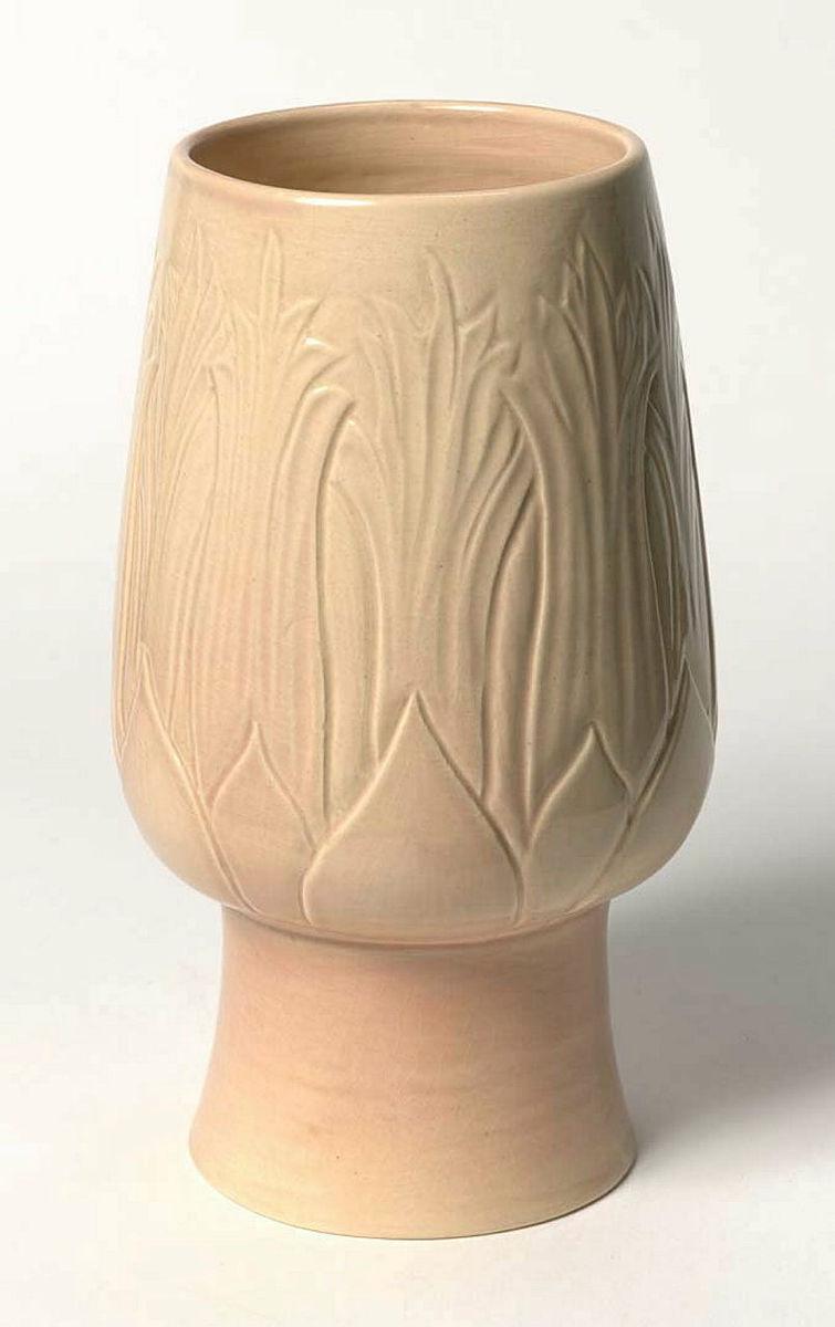 Artwork Vase this artwork made of Earthenware, thrown lotus shape with incised foliate decoration and moonstone glaze, created in 1991-01-01