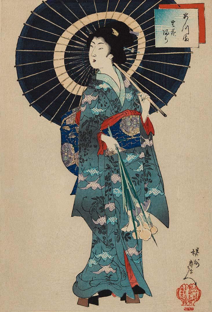 Artwork Beauty with parasol (from 'Azuma (East)' series) this artwork made of Colour woodblock print on crepe paper, created in 1890-01-01