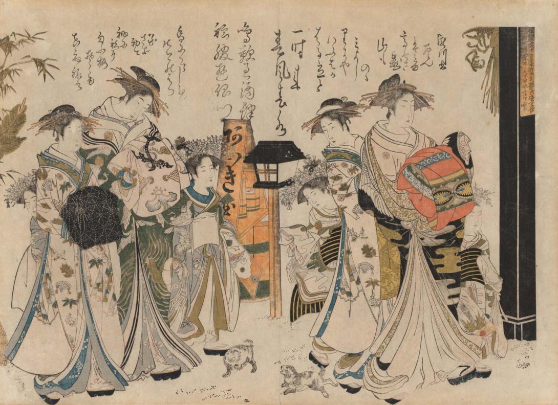 Artwork Courtesans Takigawa and Tanohgi at Yoshiwara Gate (from 'The autographs of Yoshiwara beauties' series) this artwork made of Colour woodblock print on paper, created in 1784-01-01