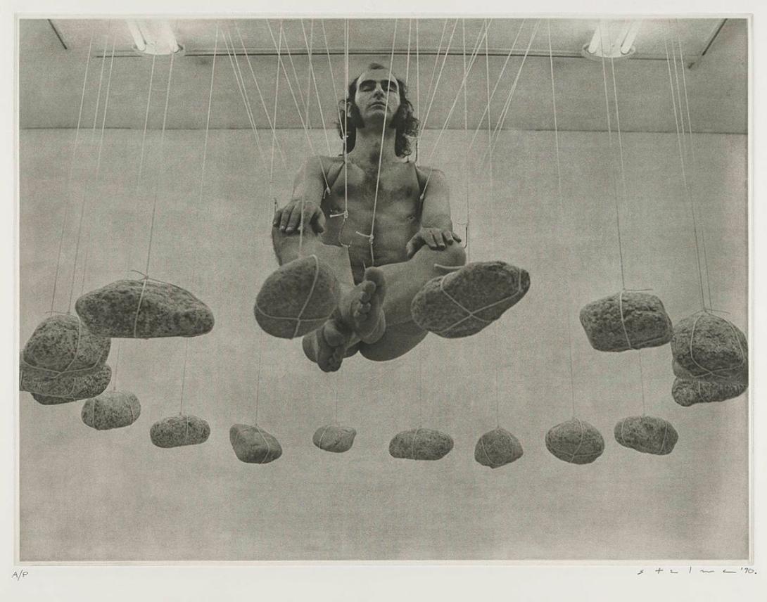 Artwork Sitting/swaying:  event for rock suspension (Tokyo, Japan, 1980) (from 'Suspensions' portfolio) this artwork made of Photo-etching taken from documentary photograph on BFK Rives paper, created in 1990-01-01